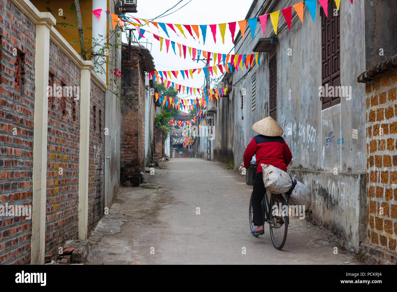 Duong Lam, Hanoi, Vietnam-April 18, 2018: donna vietnamita utilizza le biciclette per lo shopping nelle aree rurali di Ha Noi.portano ciò che hanno acquistato da tradit Foto Stock