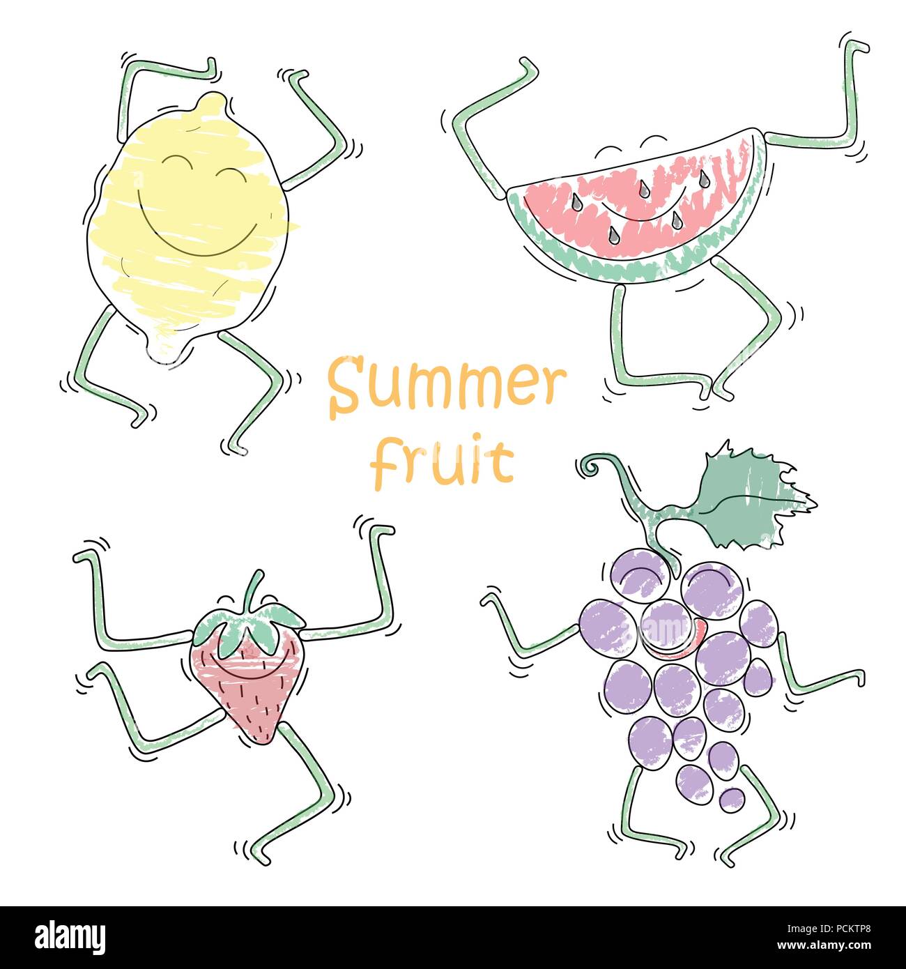 Funny dancing frutto scarabocchio. Limone, anguria, fragole, uva. Personaggio dei fumetti. EPS vettoriali 10 Illustrazione Vettoriale