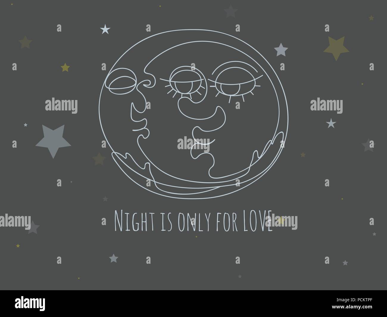 Cartolina con il cartoon luna. Notte bacio per innamorati. EPS vettoriali 10 Illustrazione Vettoriale