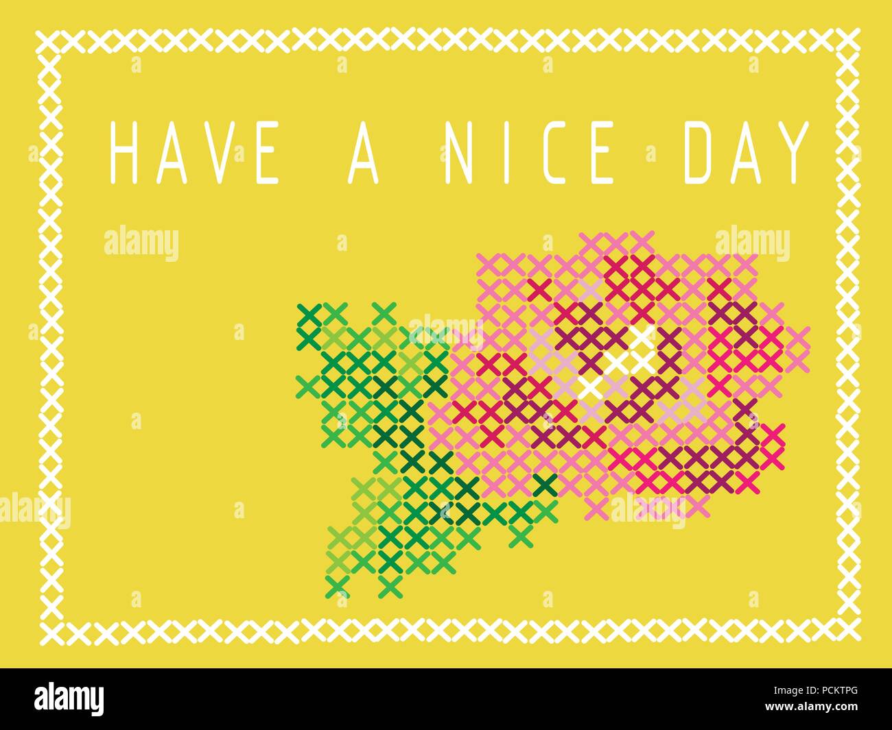 Cartolina con imitazione punto croce. Bocciolo di rosa rosa. Hanno un bel giorno. EPS vettoriali 10 Illustrazione Vettoriale