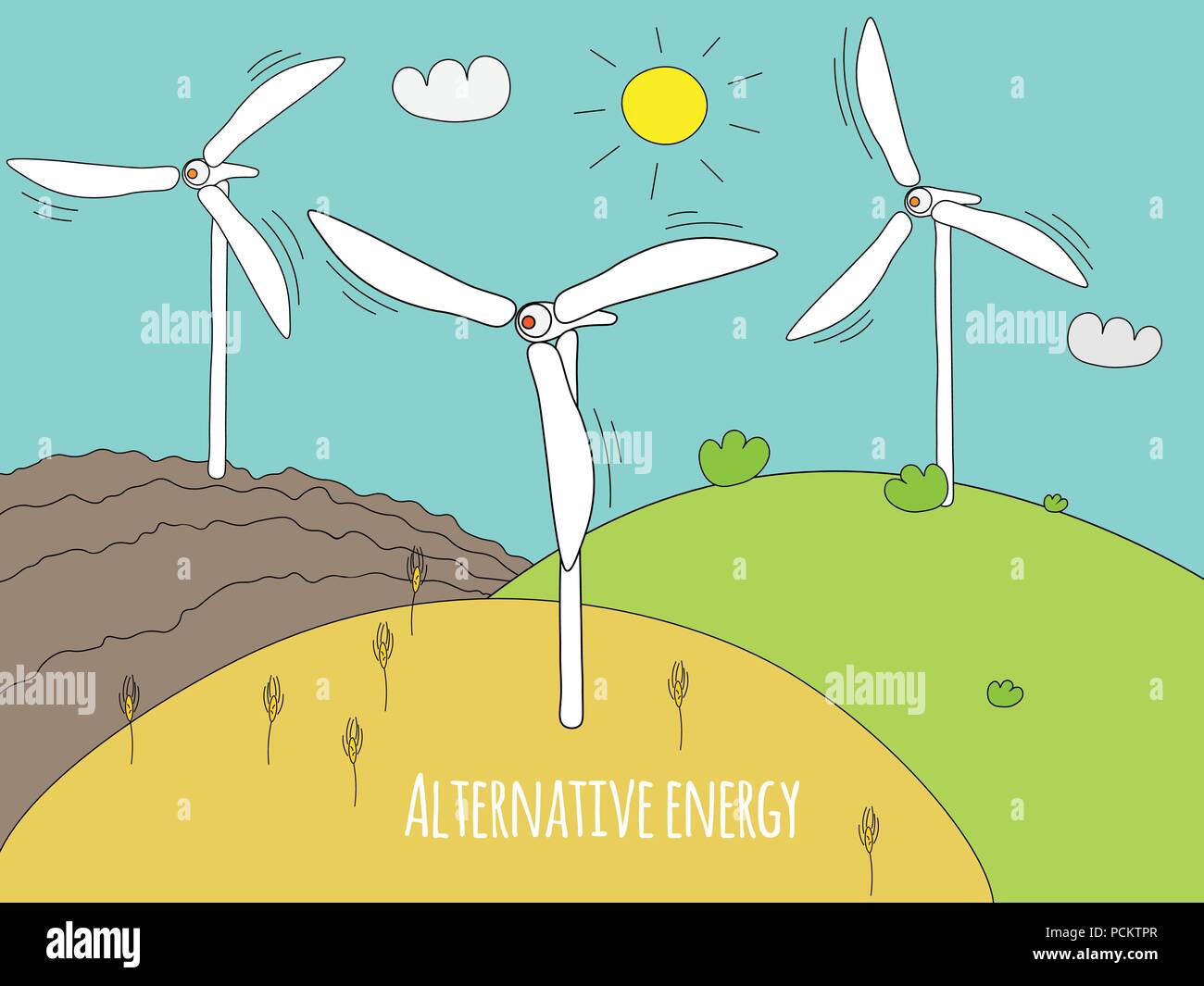 Generatore a vento e prati verdi. Energia verde e alternativi generatori di energia. Estate paesaggio rurale scarabocchio. EPS vettoriali 10 Illustrazione Vettoriale