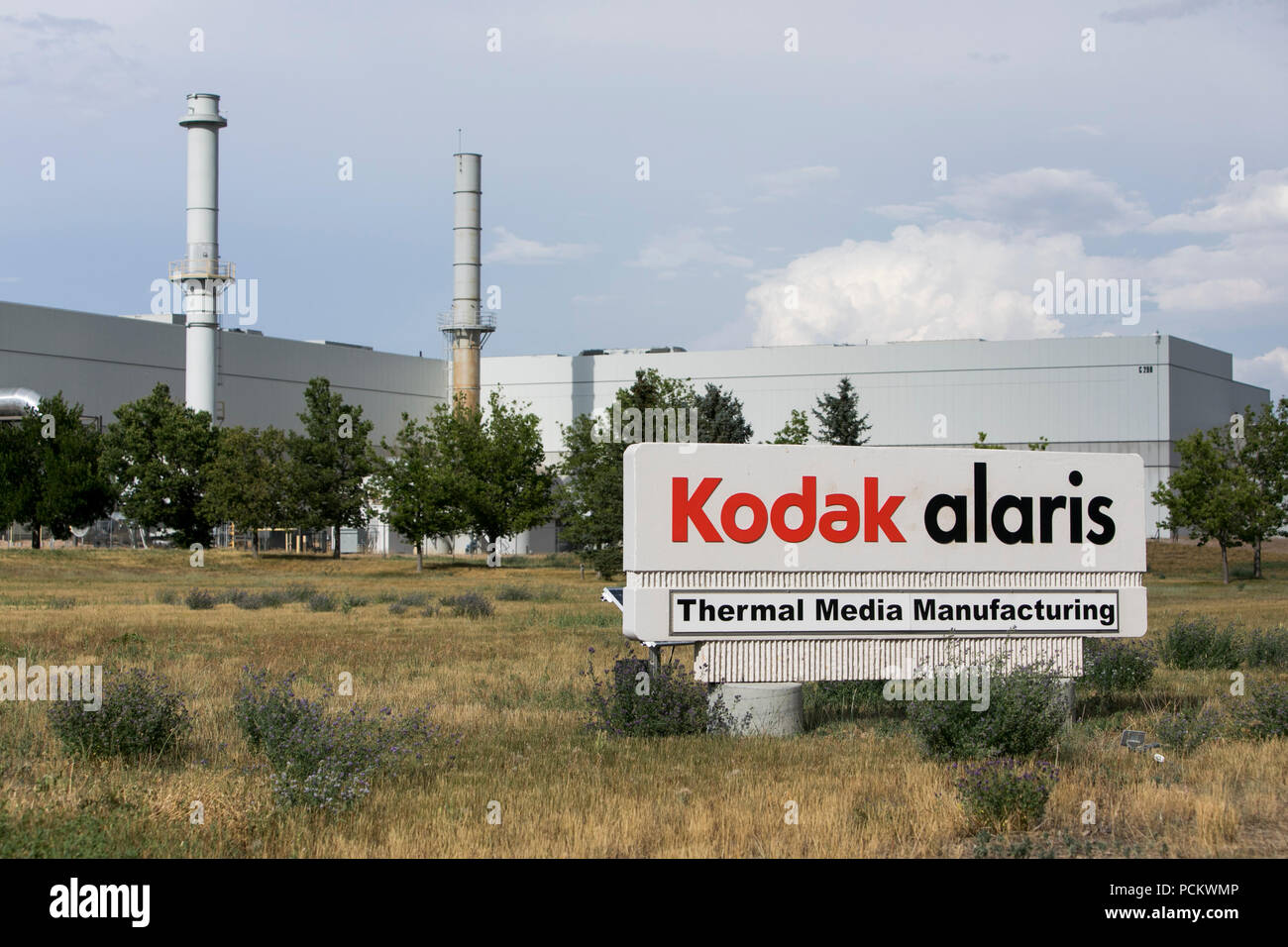 Un segno del logo al di fuori di una struttura occupata da Kodak Alaris in Windsor, Colorado, il 21 luglio 2018. Foto Stock