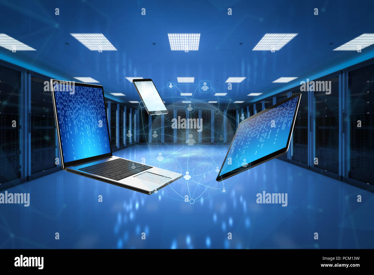Social media concetto con 3D rendering computer notebook, tablet e il telefono cellulare Foto Stock