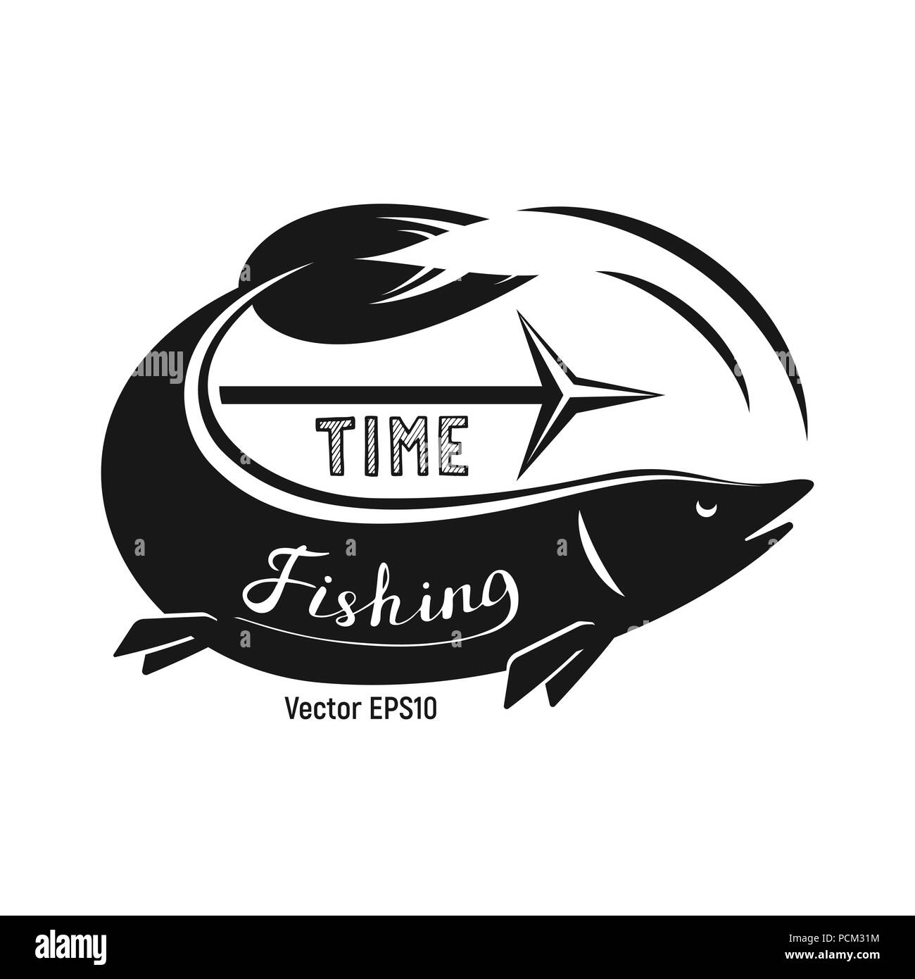 Pesce con arpioni per la pesca. Il bianco e nero è una semplice illustrazione vettoriale. Calligraphy. Illustrazione Vettoriale