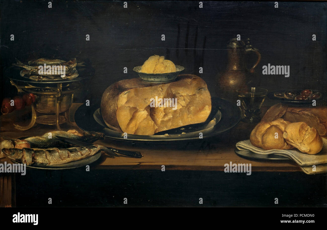 Alexander Adriaenssen - ancora la vita di una tabella con stoviglie, formaggio, salsicce e pesce. Foto Stock