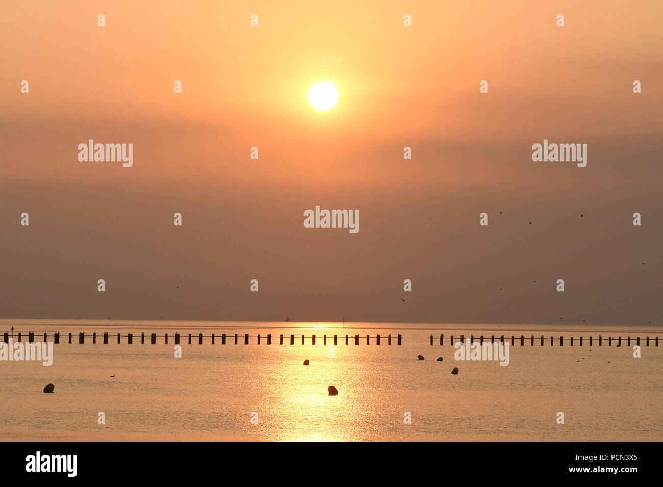 Shoeburyness, Southend-on-Sea, Essex, Regno Unito. 4° agosto 2018. Meteo REGNO UNITO: Sunrise su East Beach, Shoeburyness Credit: Ben rettore/Alamy Live News Foto Stock