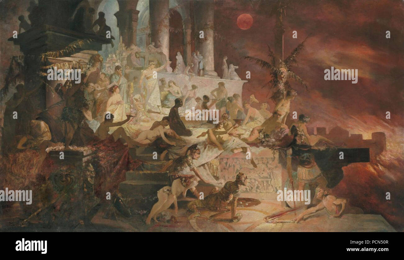 Alfons Mucha, Nero pozoruje hořící Řím (1887), olej, plátno 73,3 x 113 cm, Galerie moderního umění v Hradci Králové. Foto Stock