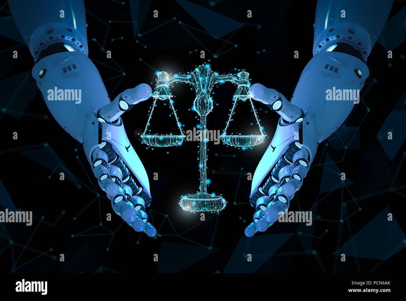 Legge Del Internet concetto con il rendering 3d ai robot con scala di legge Foto Stock