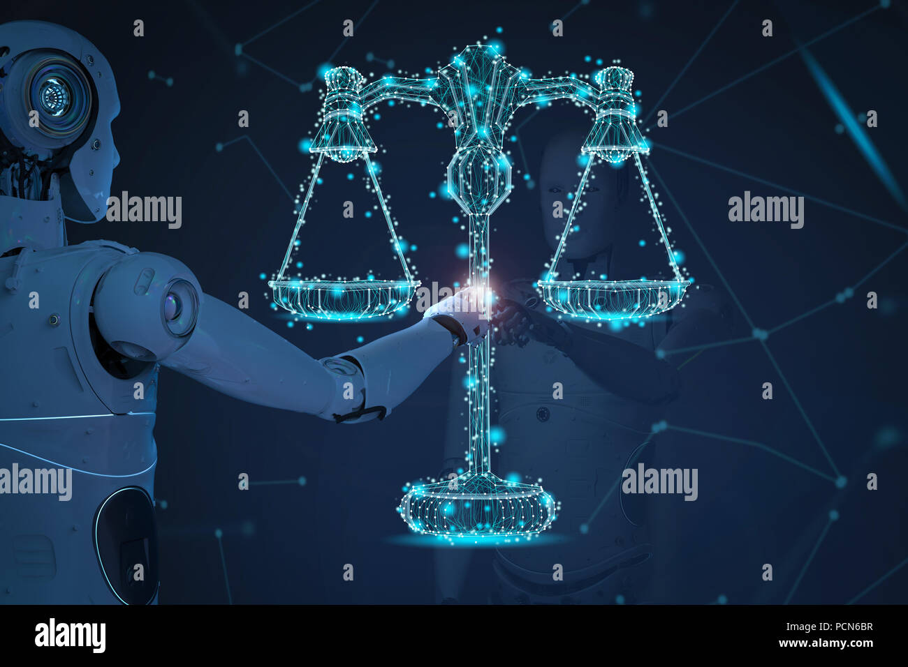 Legge Del Internet concetto con il rendering 3d ai robot con scala di legge Foto Stock