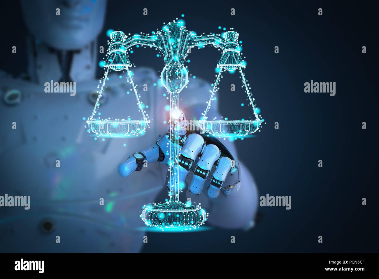 Legge Del Internet concetto con il rendering 3d ai robot con scala di legge Foto Stock