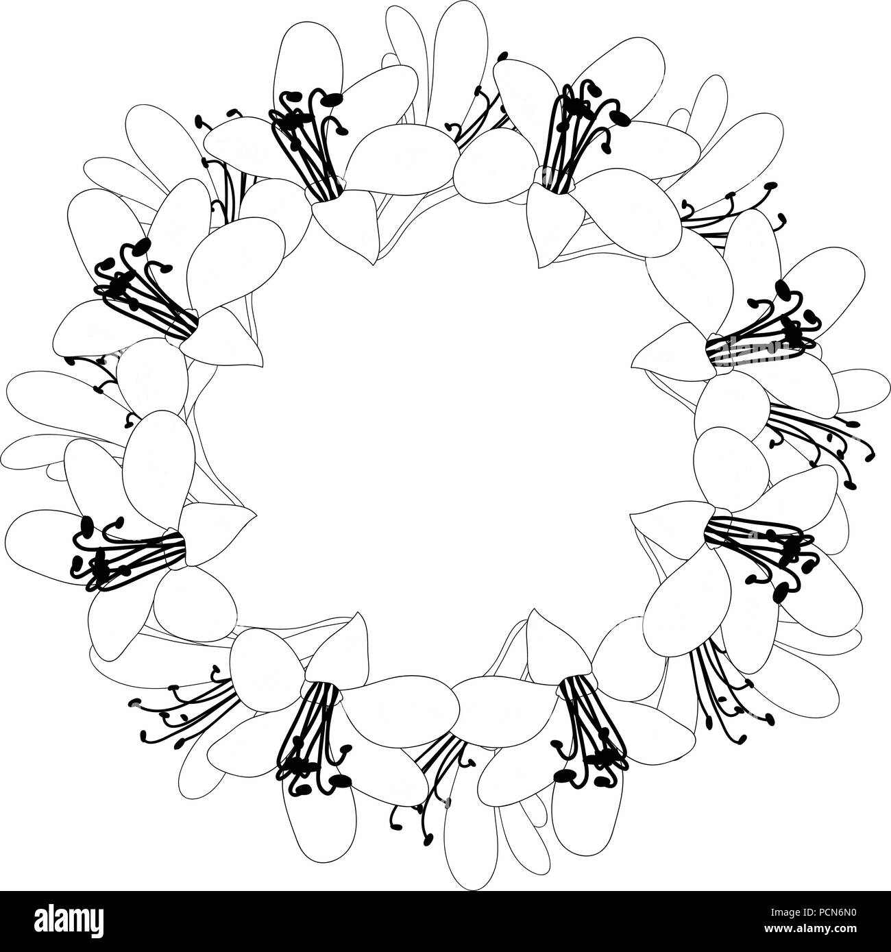 Agapanthus fiore ghirlanda di contorno su sfondo bianco. Illustrazione Vettoriale. Illustrazione Vettoriale