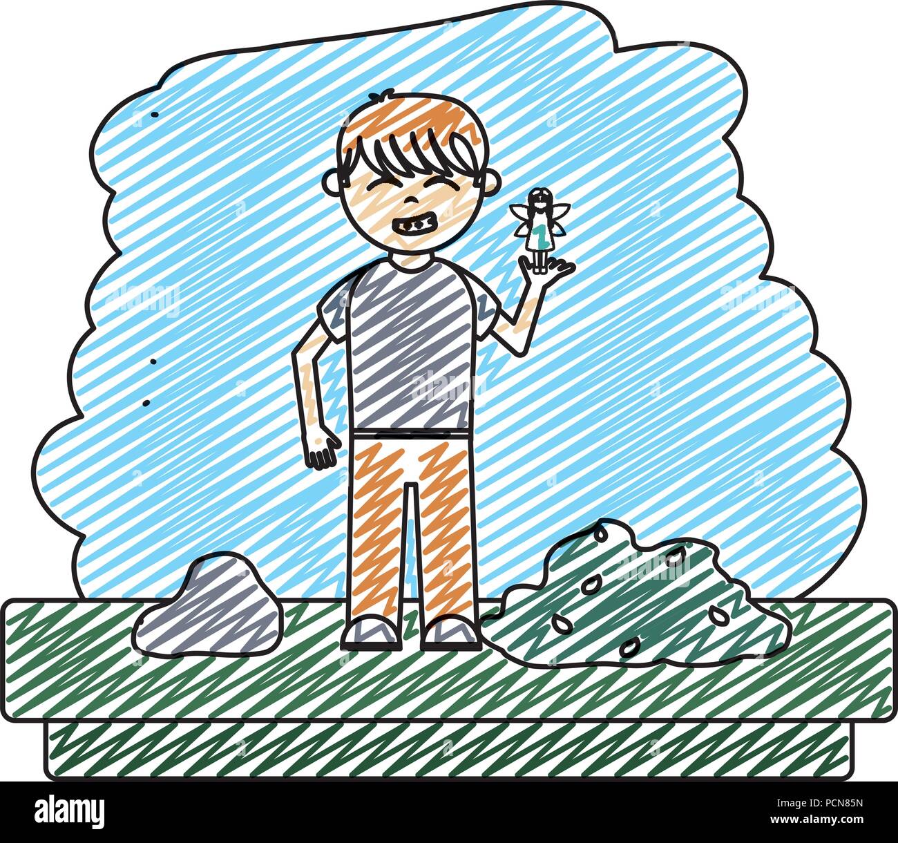 Doodle felice ragazzo con bella fata della foresta Illustrazione Vettoriale