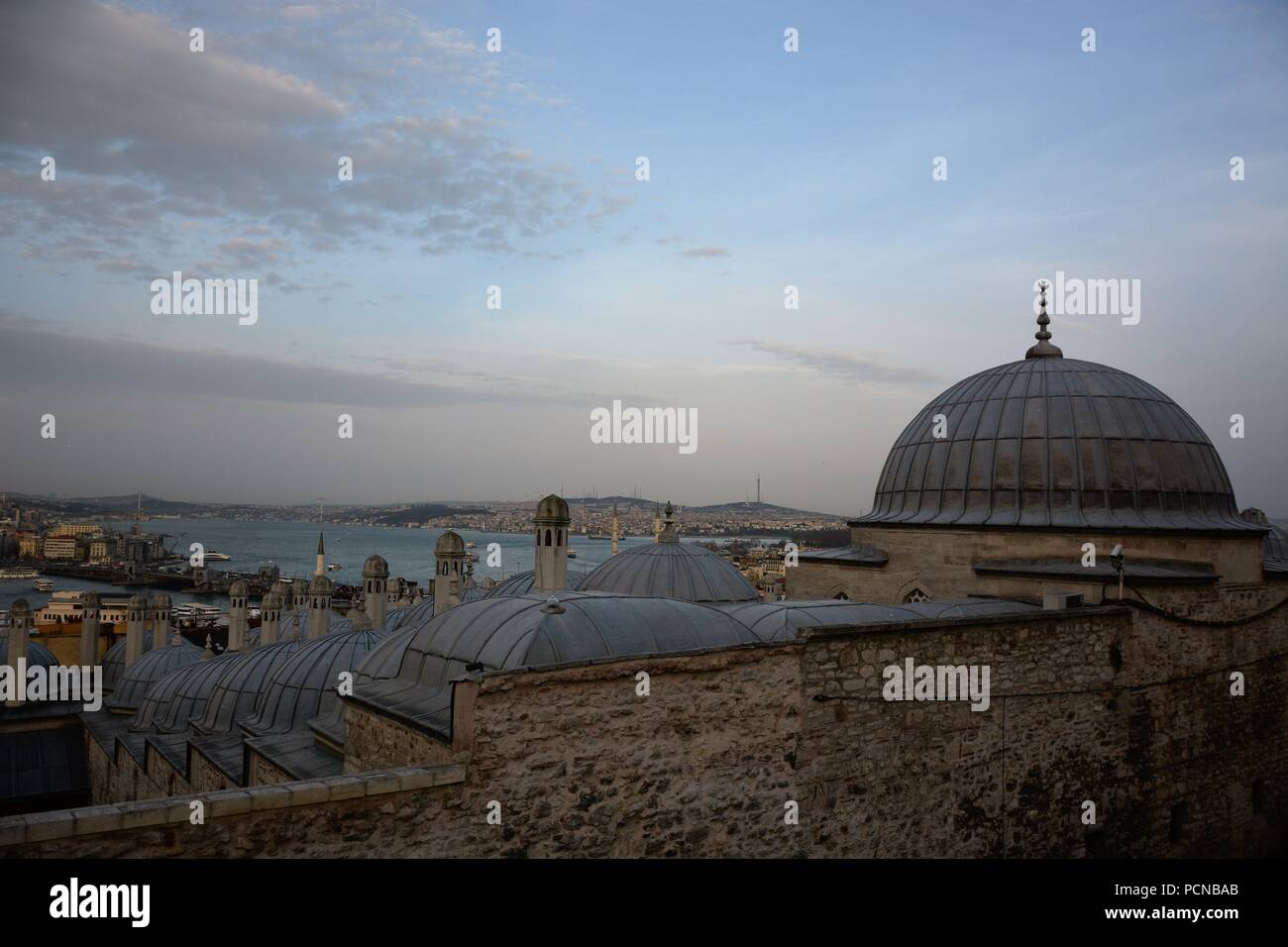 Mar di Marmara e il Bosforo di Istanbul vista dalla Moschea Suleymaniye Garden Foto Stock