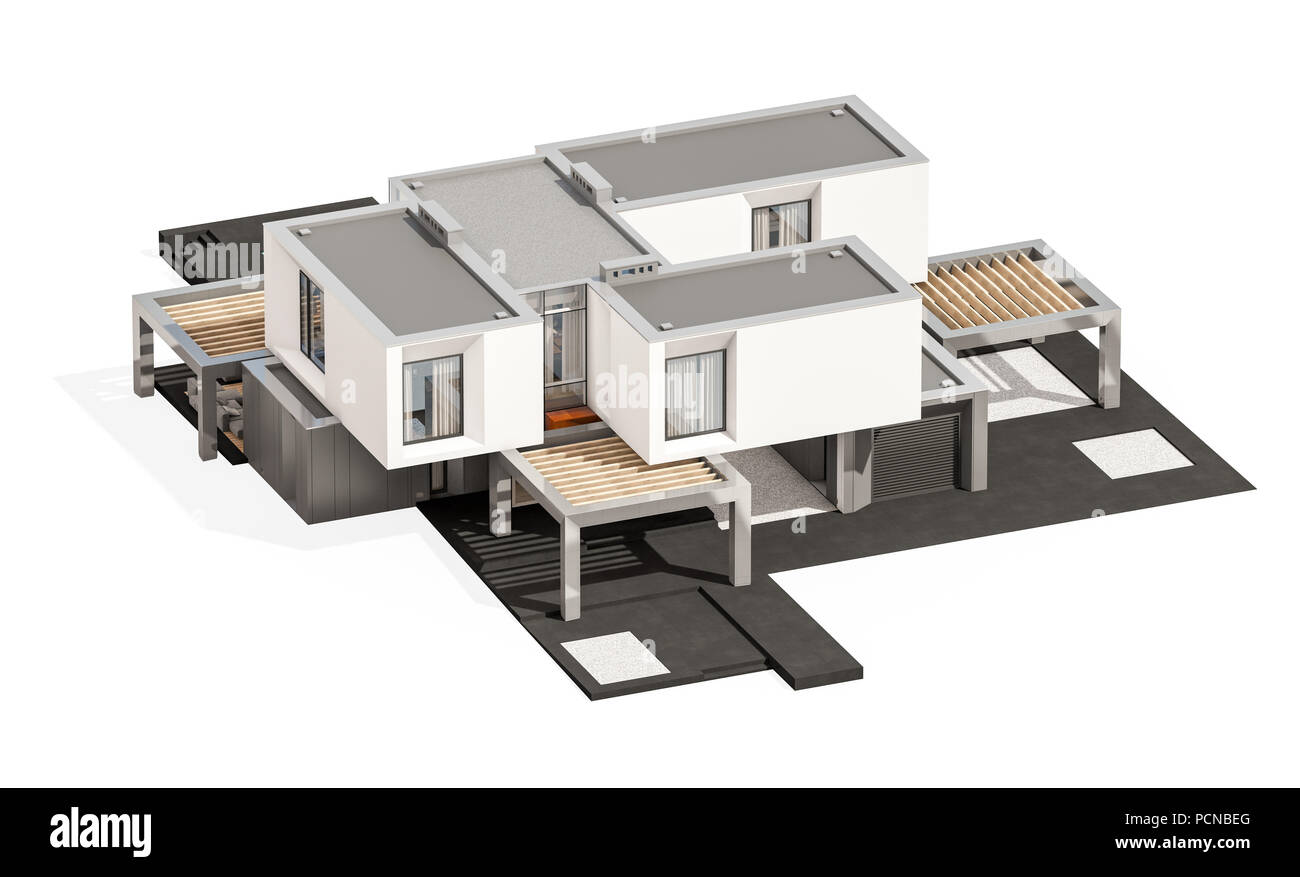 3D rendering della moderna casa accogliente dal fiume con garage in vendita o in affitto. Isolato su bianco. Foto Stock