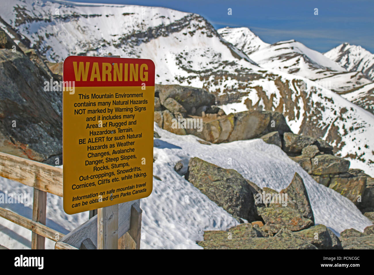 Segnale di avvertimento. Jasper Sky Tram stazione superiore, Alberta, Canada Foto Stock