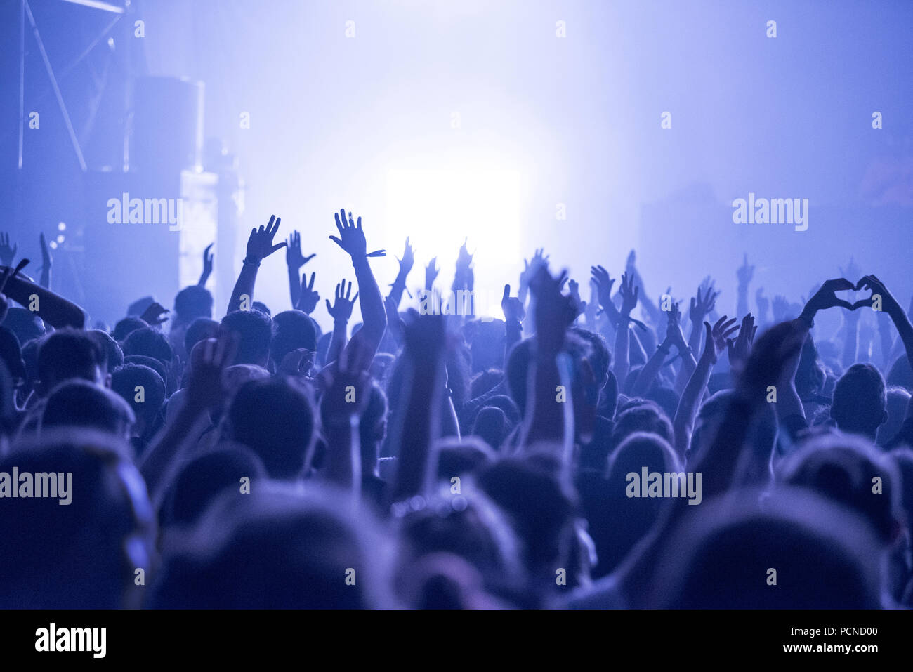 La folla ad un concerto di musica, pubblico, alzando le mani in alto Foto Stock