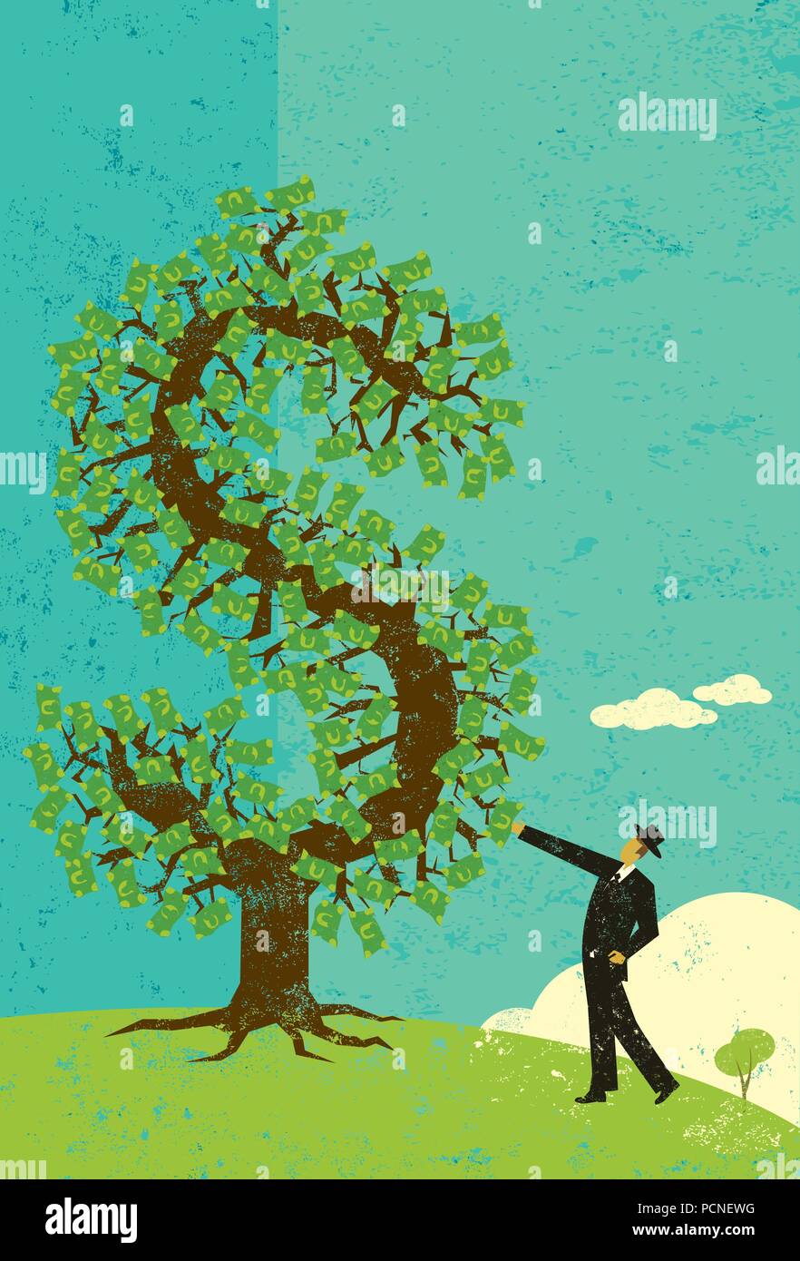 Imprenditore con un money tree un uomo che guarda il suo denaro albero su un paesaggio astratto dello sfondo. Illustrazione Vettoriale