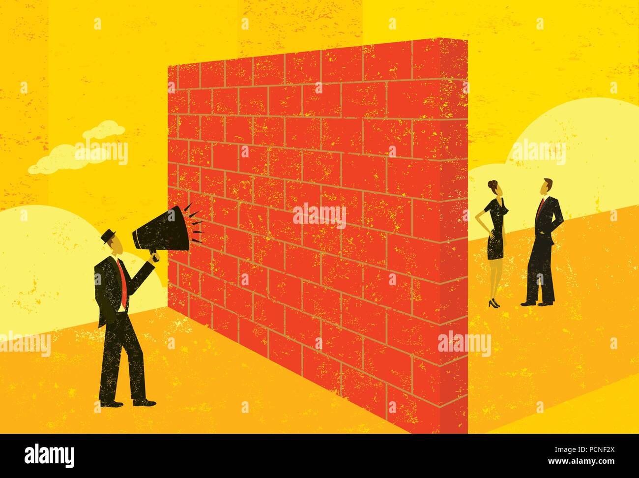 Barriera della comunicazione un imprenditore gridando in corrispondenza di un muro di mattoni che rappresenta una barriera per la sua capacità di raggiungere i clienti potenziali. Illustrazione Vettoriale