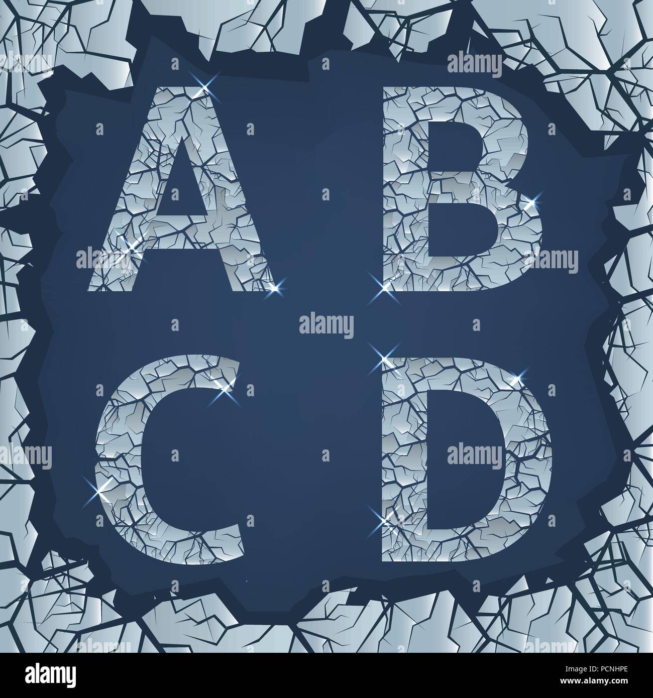 Ghiaccio frantumato A B C D lettere. Inverno congelati simboli, illustrazione vettoriale Illustrazione Vettoriale
