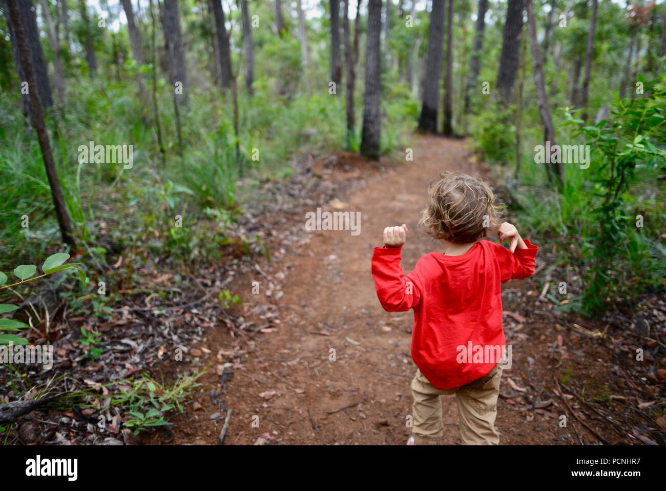 Un giovane bambino corre attraverso una foresta, Cardwell, Queensland, Australia Foto Stock