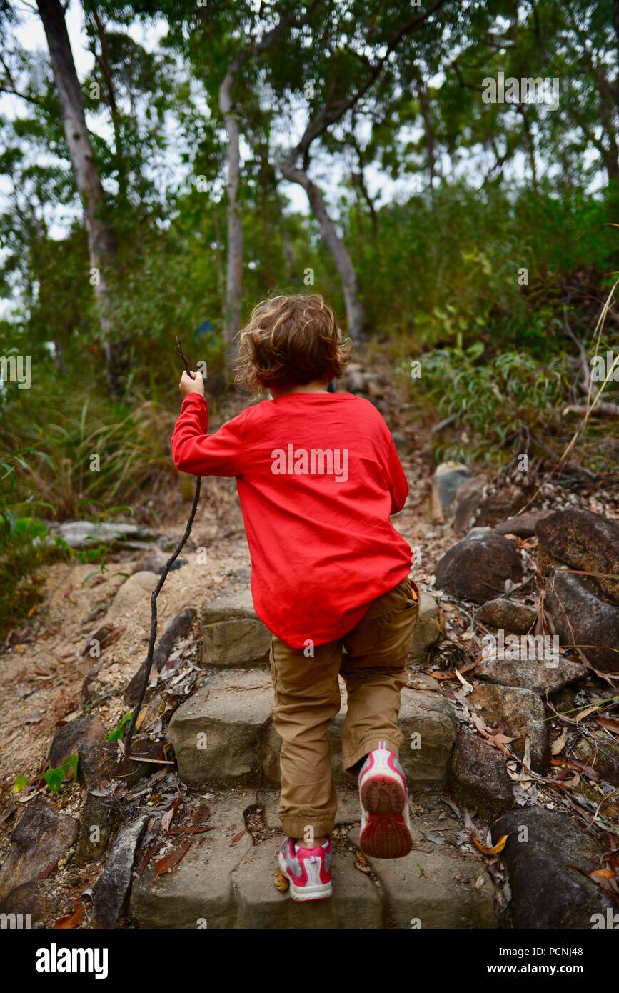 I bambini a piedi attraverso una foresta, Cardwell, Queensland, Australia Foto Stock