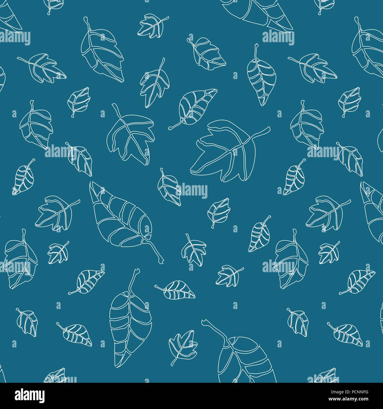 Vector disegno superficiale, la texture con le forme delle foglie che cadono, fogliame in colore bianco su blu scuro, turchese, sfondo teal Illustrazione Vettoriale