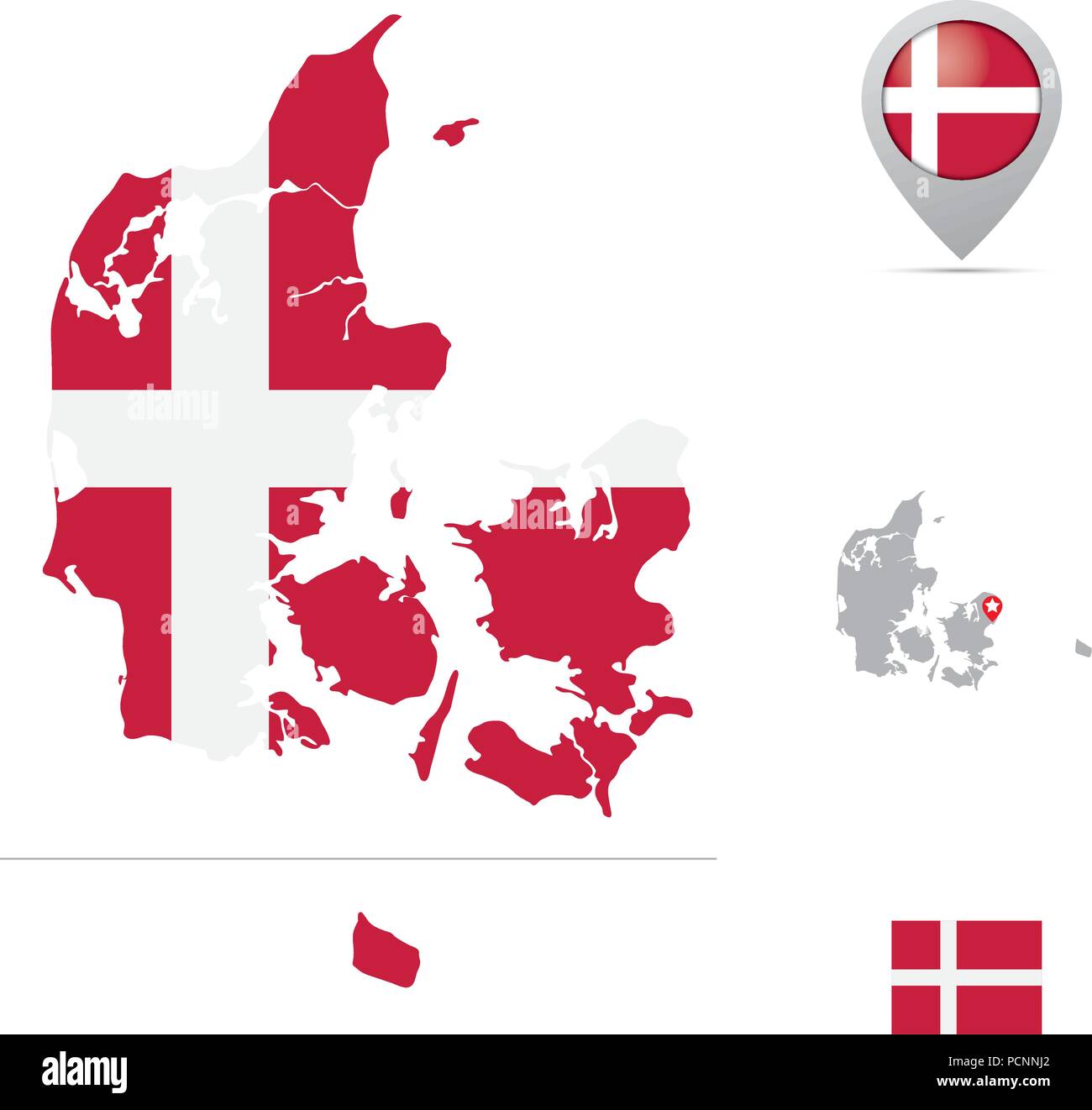 Mappa di Danimarca in bandiera nazionale colori, bandiera, marker e la posizione di capitale. Illustrazione Vettoriale