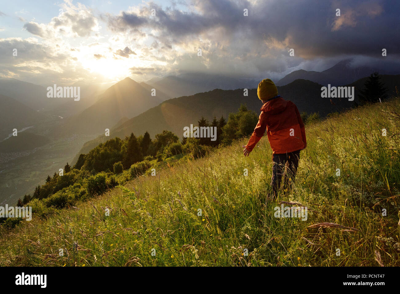 Ragazzo giovane camminando tra golden erba prato, toccando erba alta su una montagna con una bella vista Foto Stock