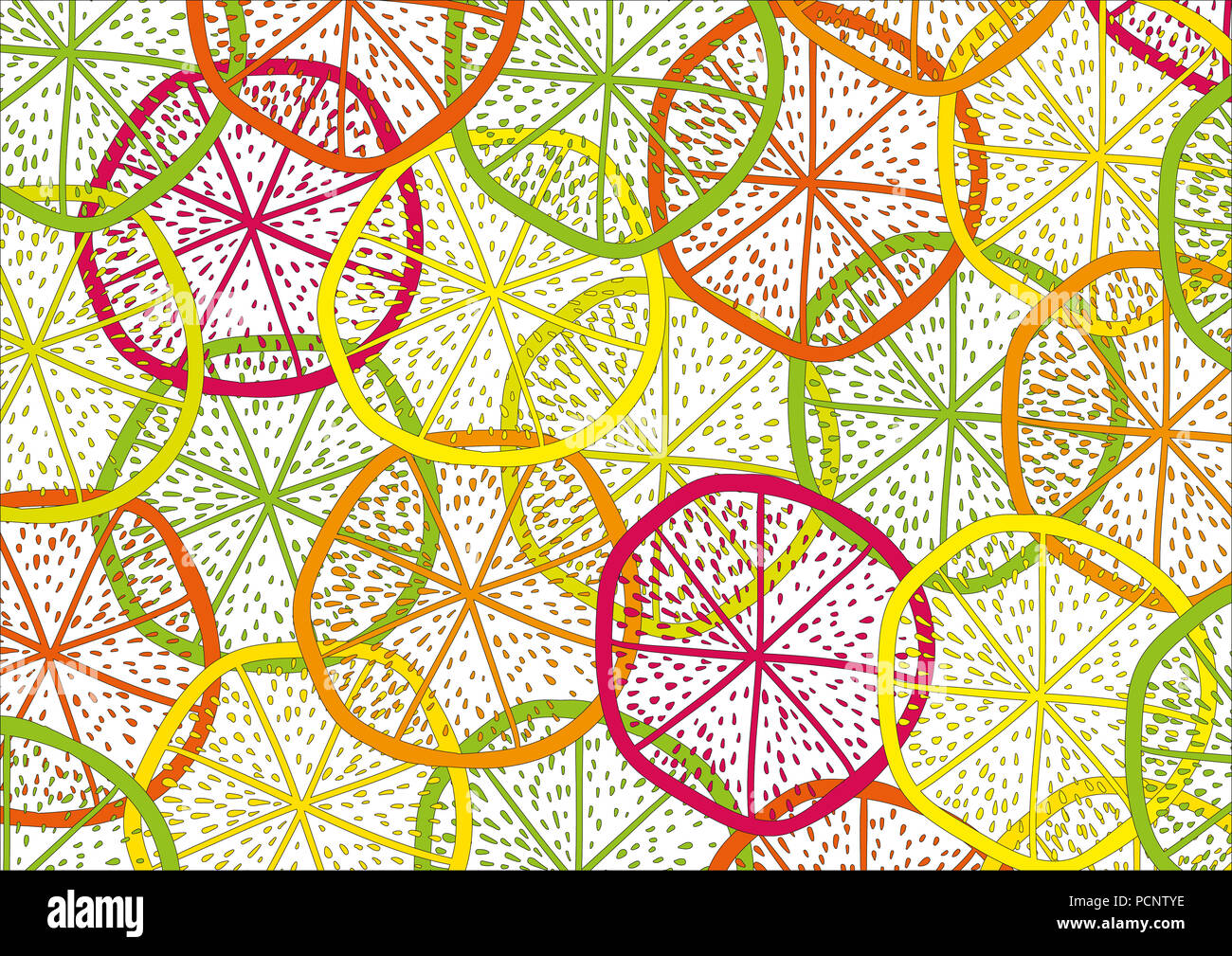 Illustrazione grafica con fette di agrumi forma (limone, arancio, cedro, pomelo, pompelmo) in caldi colori isolati su sfondo trasparente Foto Stock