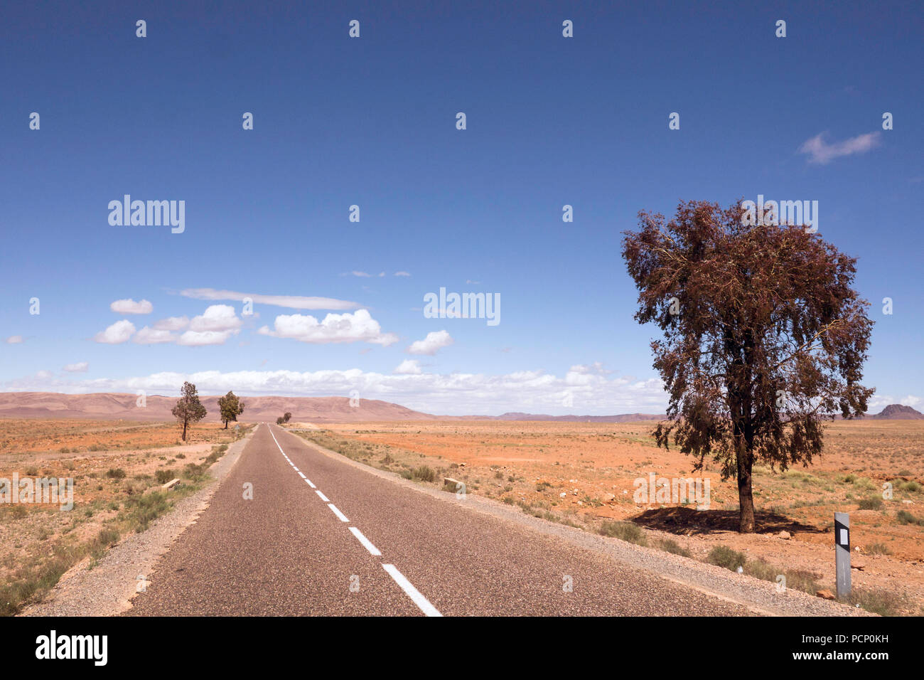 Apparentemente infinita strada nel deserto marocchino verso le montagne Atlas Foto Stock