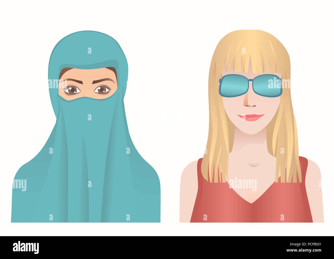 Musulmani e donna europea avatar set. Il hijab o spettacolo. Illustrazione Vettoriale