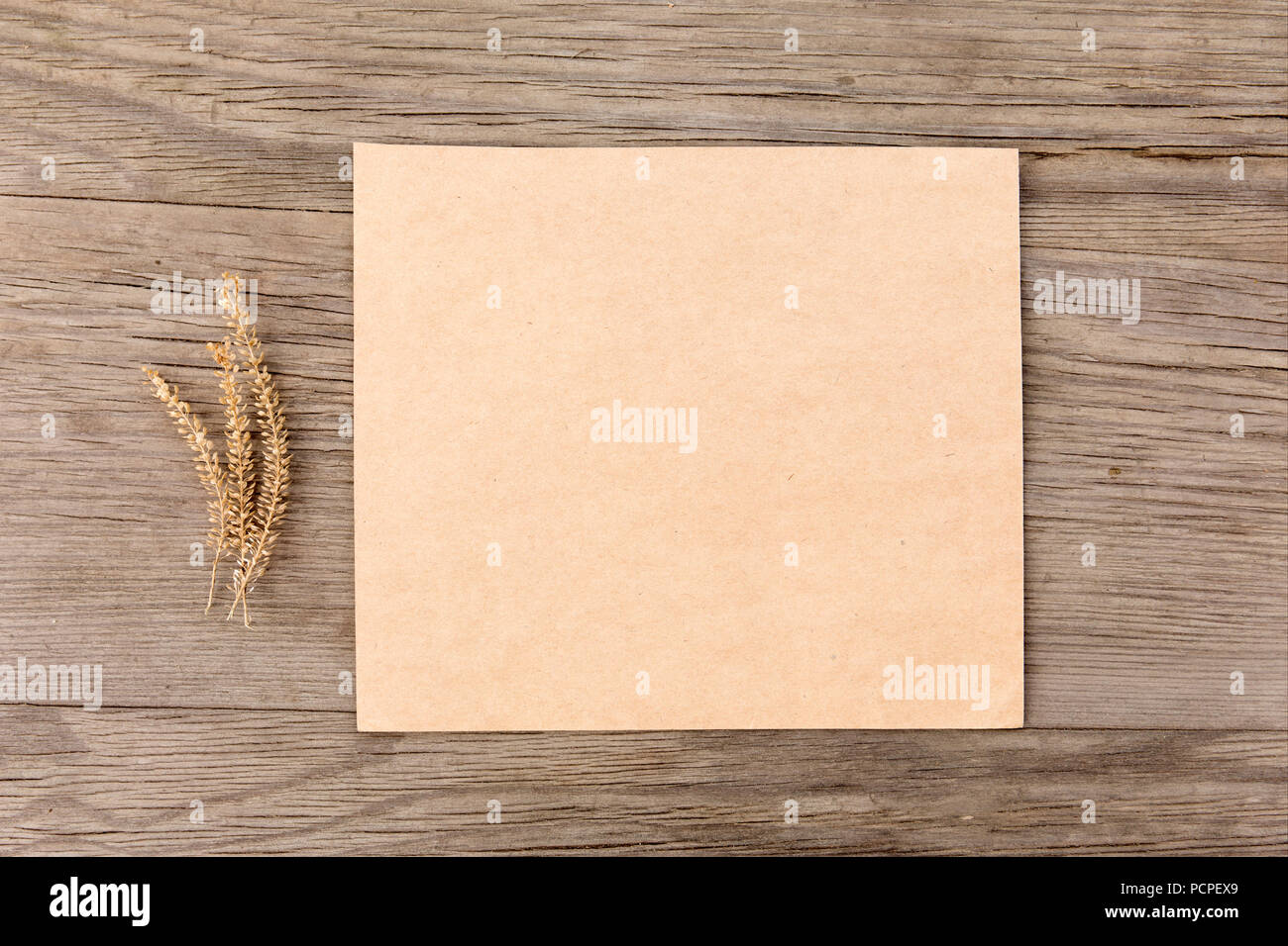 Fiori secchi con artigianato carta bianca sul vecchio grunge sfondo di legno. Vista dall'alto. In stile minimalista mockup. Foto Stock