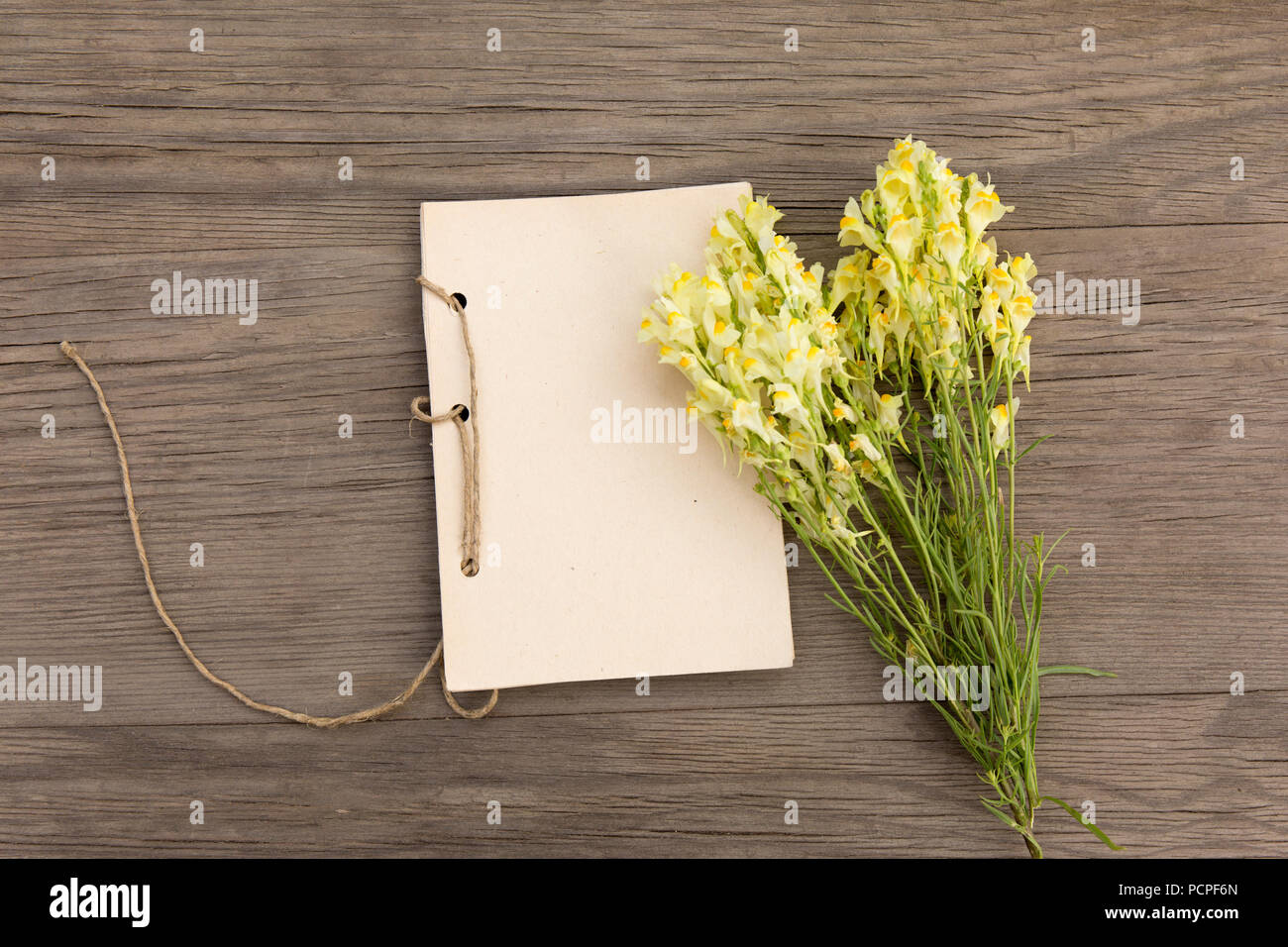 Antirrhinum fiori gialli con artigianali fatti a mano notebook sul vecchio grunge sfondo di legno. Vista dall'alto. In stile minimalista mockup. Foto Stock