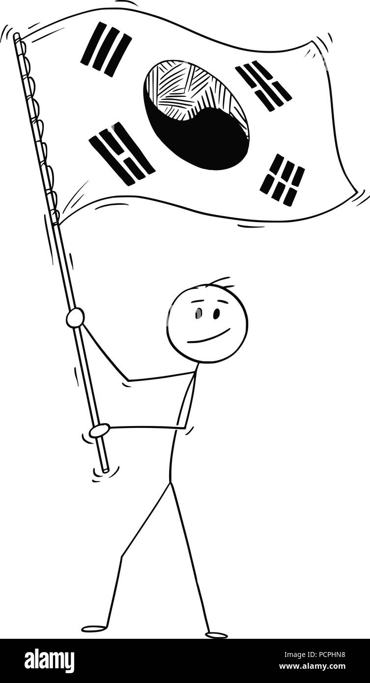 Cartoon di uomo sventolare la bandiera della Repubblica di Corea o la Corea del Sud Illustrazione Vettoriale