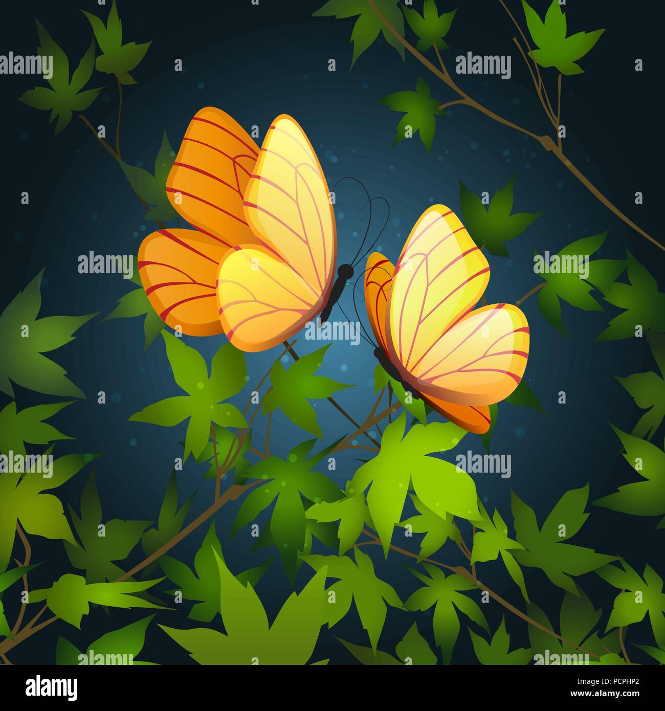 Due farfalle volare nella notte estiva foresta. Illustrazione Vettoriale. Illustrazione Vettoriale