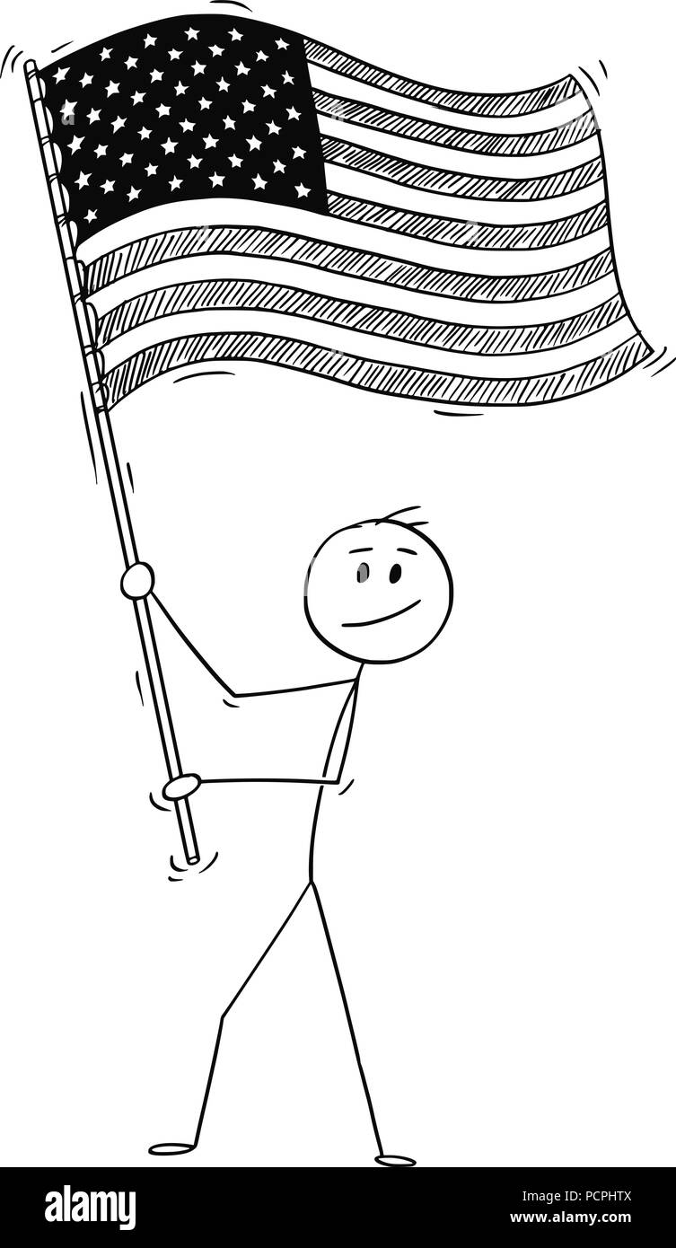 Cartoon di uomo sventolare la bandiera di Stati Uniti d'America o STATI UNITI D'AMERICA Illustrazione Vettoriale