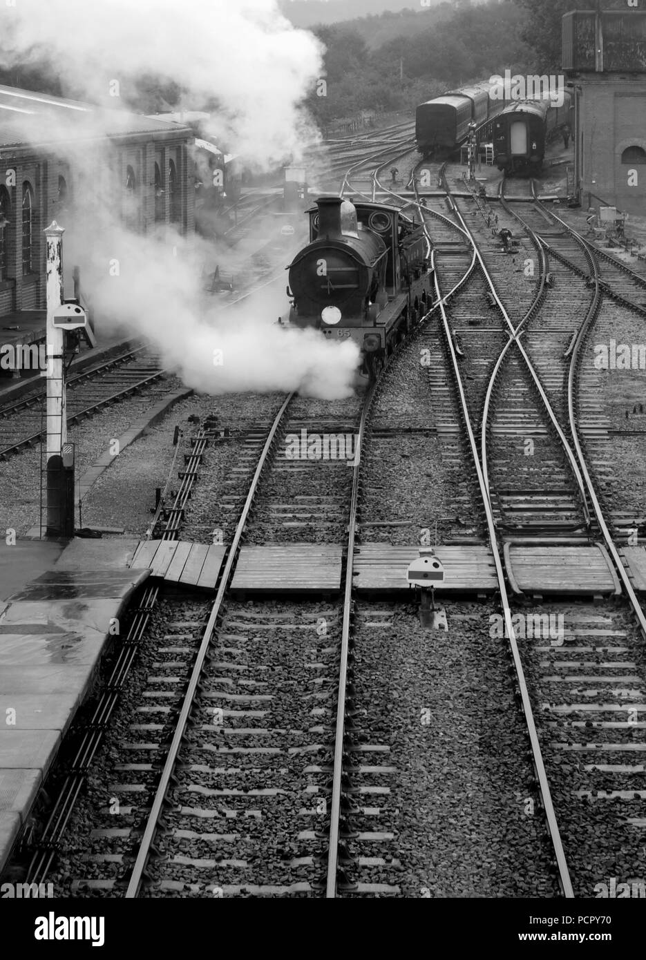 Treni a vapore a sheffield park station sulla ferrovia Bluebell in east sussex Foto Stock