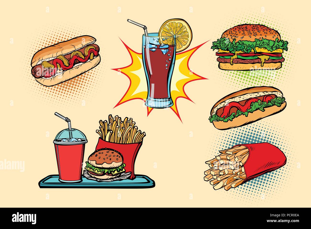 Il fast food impostare collezione hot dog Burger Cola patatine fritte bevanda Illustrazione Vettoriale