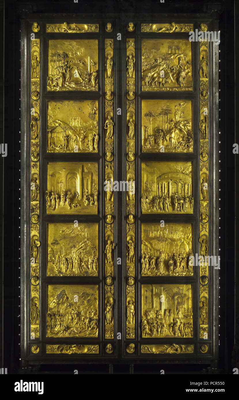 Porte del Paradiso (Porta del Paradiso) progettato dagli italiani primo  Rinascimento scultore Lorenzo Ghiberti per il Battistero di Firenze (il  Battistero di San Giovanni), ora in mostra nel Museo dell'Opera del Duomo (