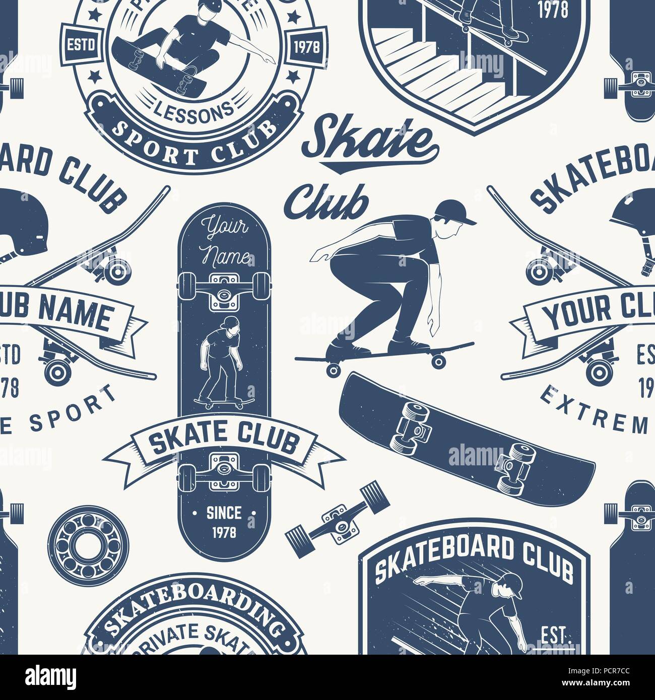E Skateboard longboard club seamless pattern o sfondo. Illustrazione Vettoriale. Retrò design tipografia con guidatore di skateboard, casco, skateboard silhouette. Sport estremo. Illustrazione Vettoriale