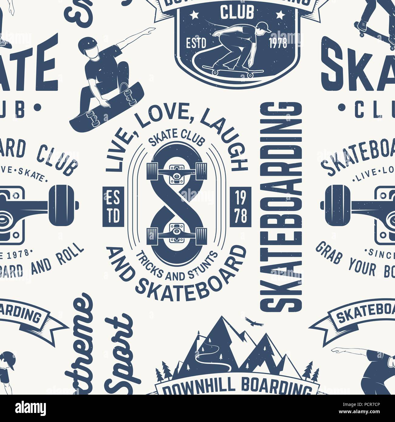 E Skateboard longboard club seamless pattern o sfondo. Illustrazione Vettoriale. Retrò design tipografia con guidatore di skateboard, casco, skateboard silhouette. Sport estremo. Illustrazione Vettoriale