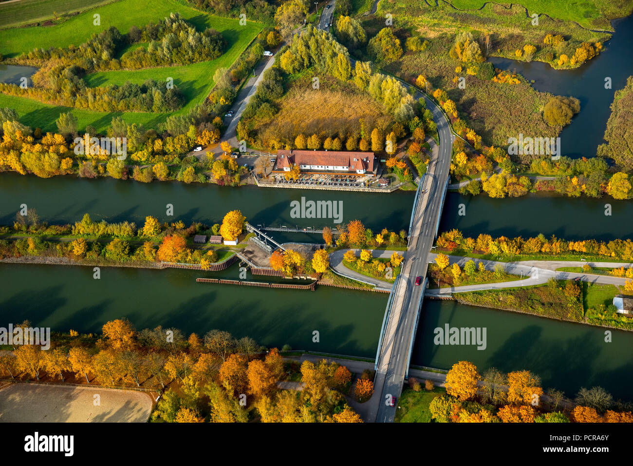 Ferry street ponti, Datteln-Hamm-Kanal, Fiume Lippe, ristorante cinese Mr.Fung Boathouse Hamm, Hamm, la zona della Ruhr, Nord Reno-Westfalia, Germania Foto Stock