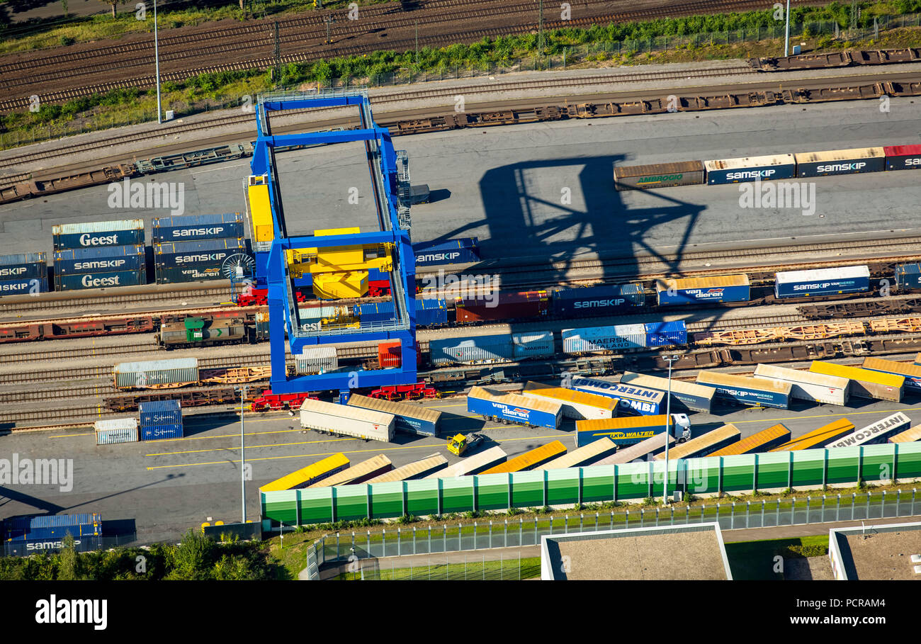 Logport III, logistica, Duisport, Reno, Budberg, Container Terminal, Stazione di trasferimento, Duisburg, la zona della Ruhr, Nord Reno-Westfalia, Germania Foto Stock