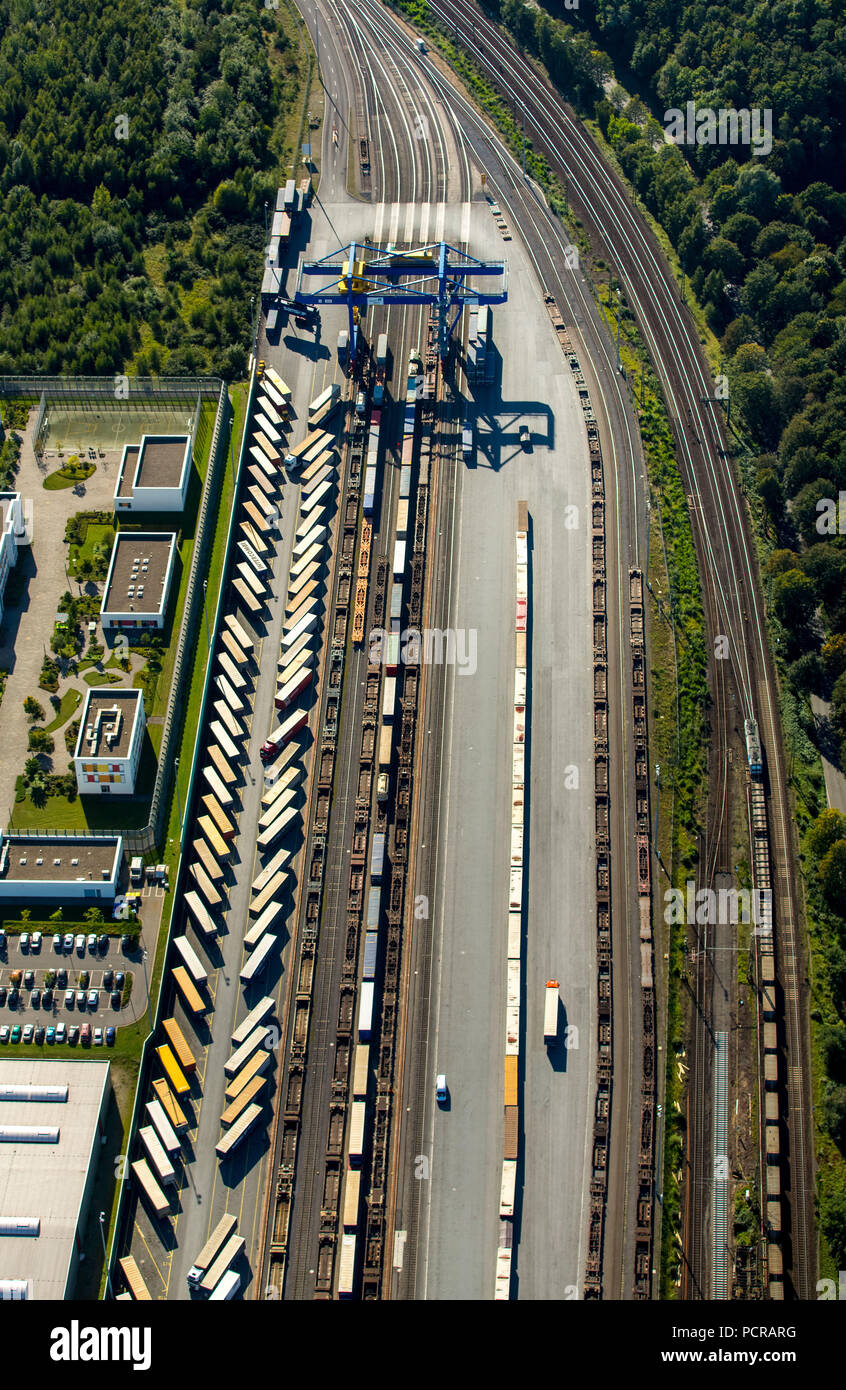 Logport III, logistica, Duisport, Reno, Budberg, Container Terminal, Stazione di trasferimento, Duisburg, la zona della Ruhr, Nord Reno-Westfalia, Germania Foto Stock
