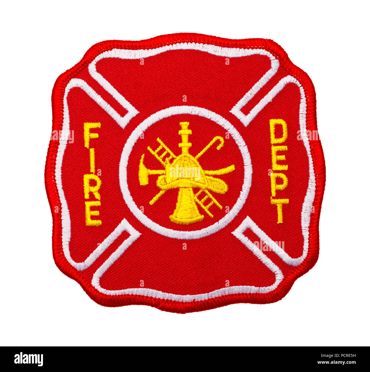 Red Fire Department Patch isolati su sfondo bianco. Foto Stock