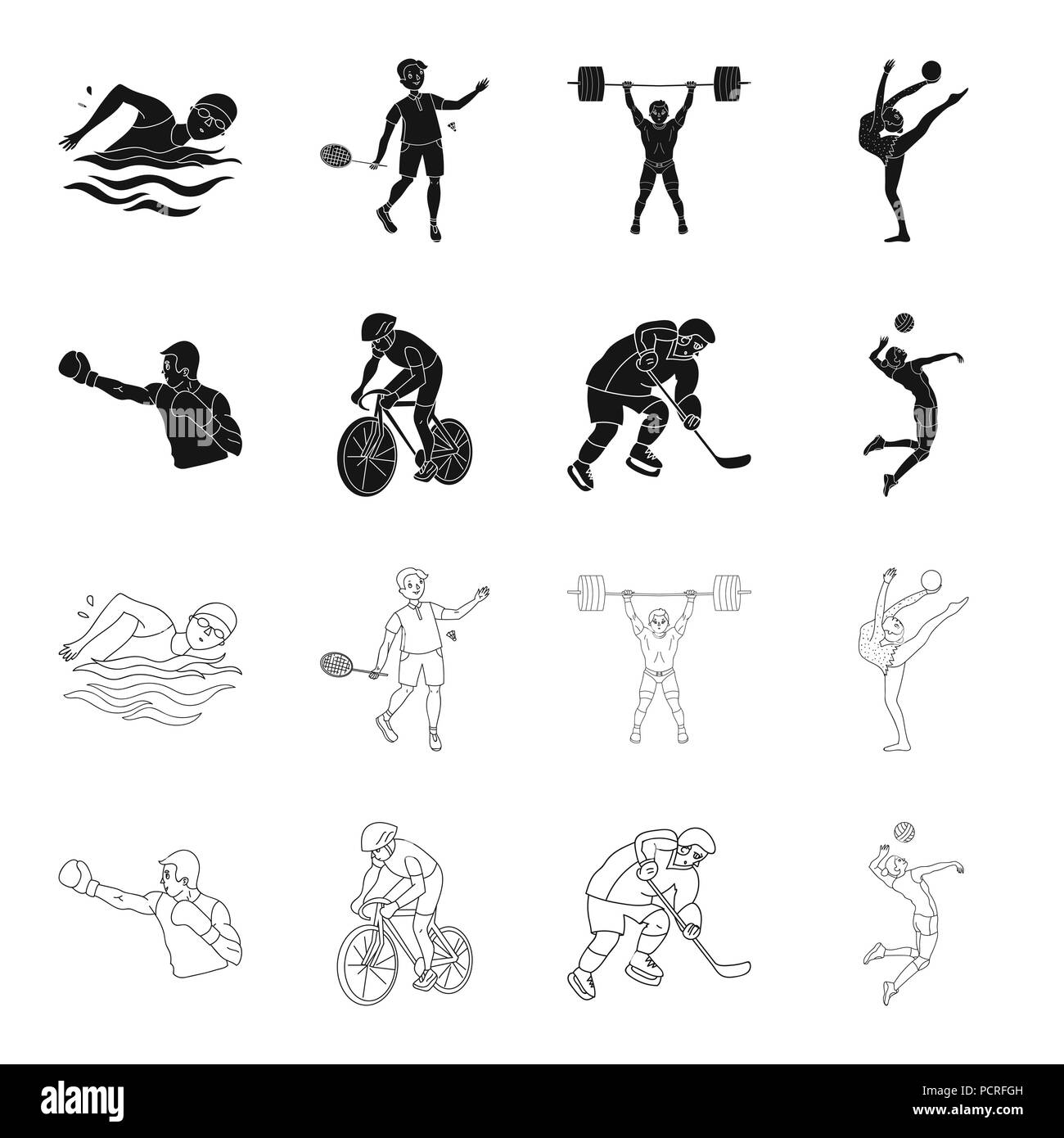 Escursioni in bicicletta, boxe, hockey su ghiaccio, pallavolo.sport olimpico set di icone di raccolta in nero,Outline stile simbolo vettore illustrazione stock . Illustrazione Vettoriale