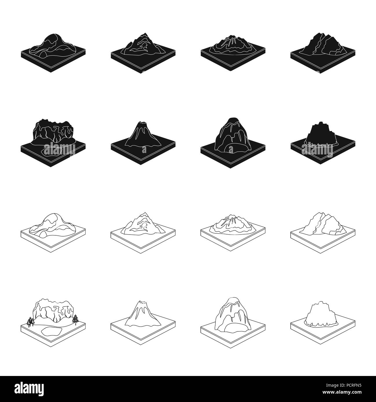 Montagne, rocce e il paesaggio. Rilievo e montagne set di icone di raccolta in nero,stile struttura vettore isometrica simbolo illustrazione stock . Illustrazione Vettoriale