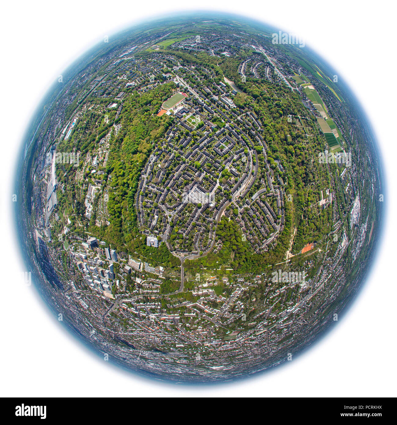 Vista aerea di Essen, Margarethenhöhe, globe a forma di lente fisheye, Foto Stock
