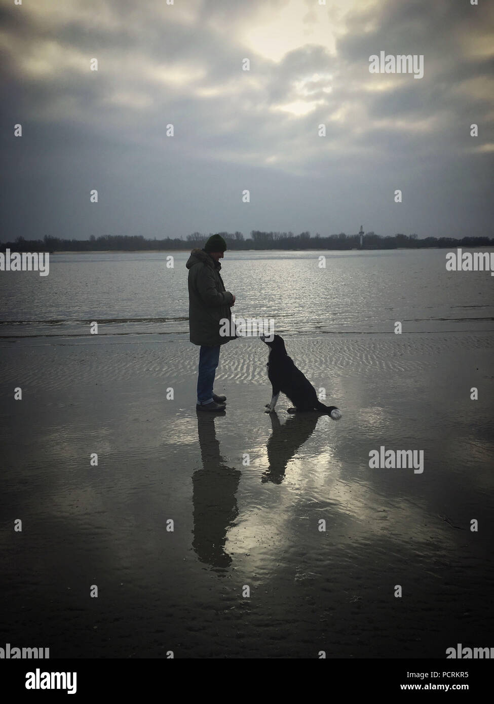 L'uomo con il cane dal fiume Foto Stock