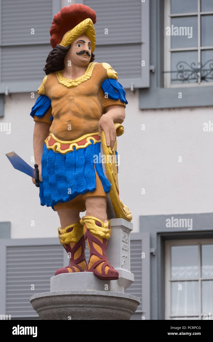 Statua fontana, Vevey città vecchia, sul Lago di Ginevra, nel cantone di Vaud, Svizzera Occidentale, Svizzera Foto Stock